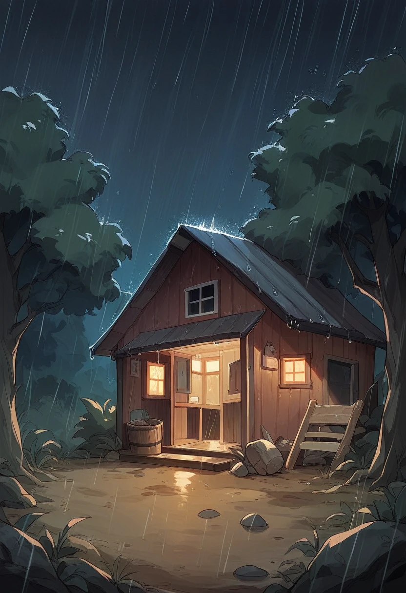 cabin in the rain, dirt road leading to the cabin wet, trees wet, night time, dark sky