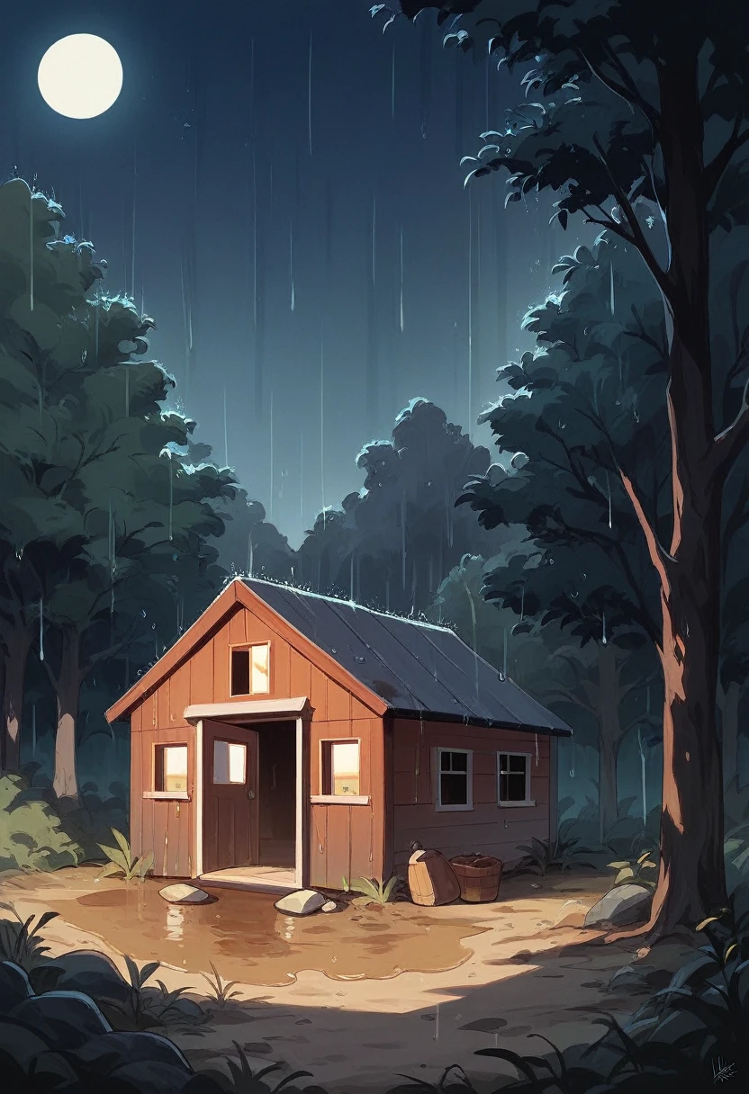 cabin in the rain, dirt road leading to the cabin wet, trees wet, night time, dark sky