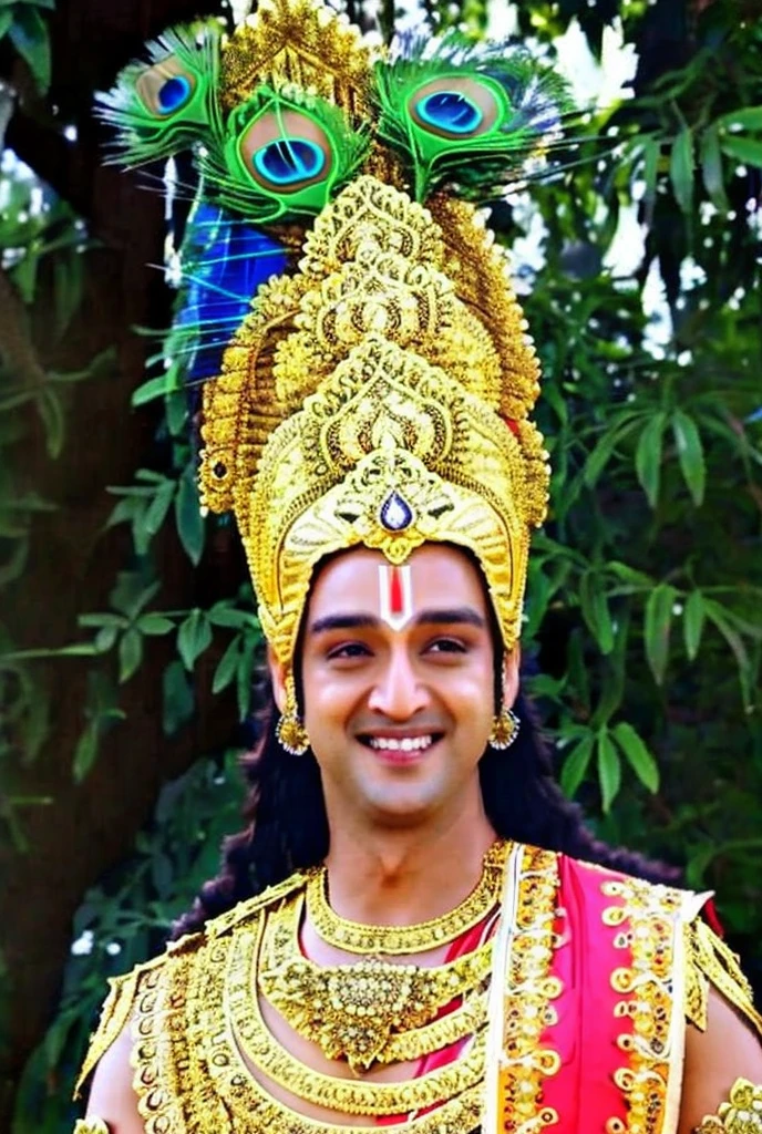 SRJ AS KRISHNA , PEACOCK FEATHER ON HIS HEAD CROWN, HANDSOME, CHARISMATIC FACE, TILAK ON FOREHEAD, SMILE, FULL BODY, GARDEN BEHIND, GARLAND, INTRICATE DETAILS, WARRIOR COSTUME