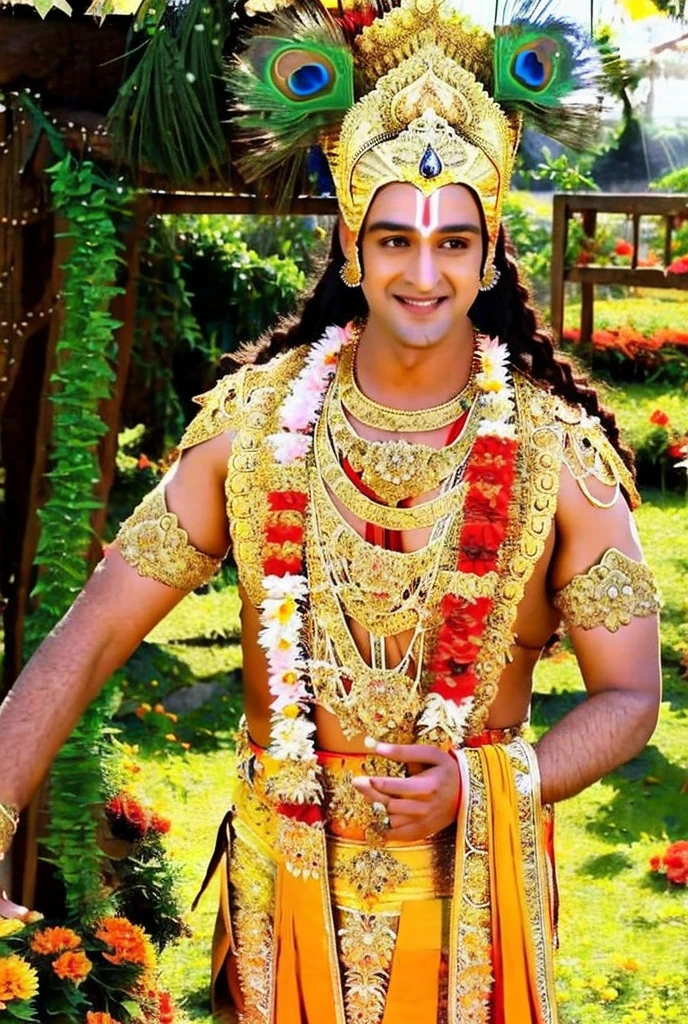 SRJ AS KRISHNA , PEACOCK FEATHER ON HIS HEAD CROWN, HANDSOME, CHARISMATIC FACE, TILAK ON FOREHEAD, SMILE, FULL BODY, GARDEN BEHIND, GARLAND, INTRICATE DETAILS, WARRIOR COSTUME