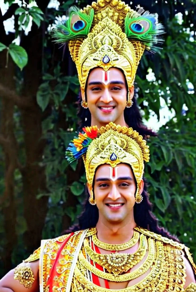 SRJ AS KRISHNA , PEACOCK FEATHER ON HIS HEAD CROWN, HANDSOME, CHARISMATIC FACE, TILAK ON FOREHEAD, SMILE, FULL BODY, GARDEN BEHIND, GARLAND, INTRICATE DETAILS, WARRIOR COSTUME