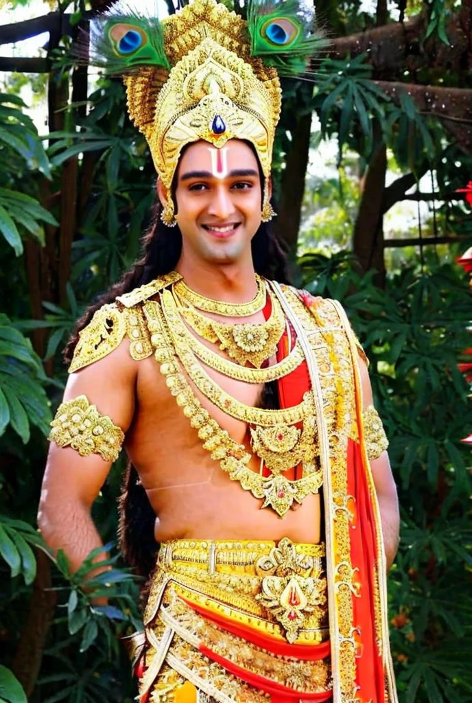 SRJ AS KRISHNA , PEACOCK FEATHER ON HIS HEAD CROWN, HANDSOME, CHARISMATIC FACE, TILAK ON FOREHEAD, SMILE, FULL BODY, GARDEN BEHIND, GARLAND, INTRICATE DETAILS, WARRIOR COSTUME