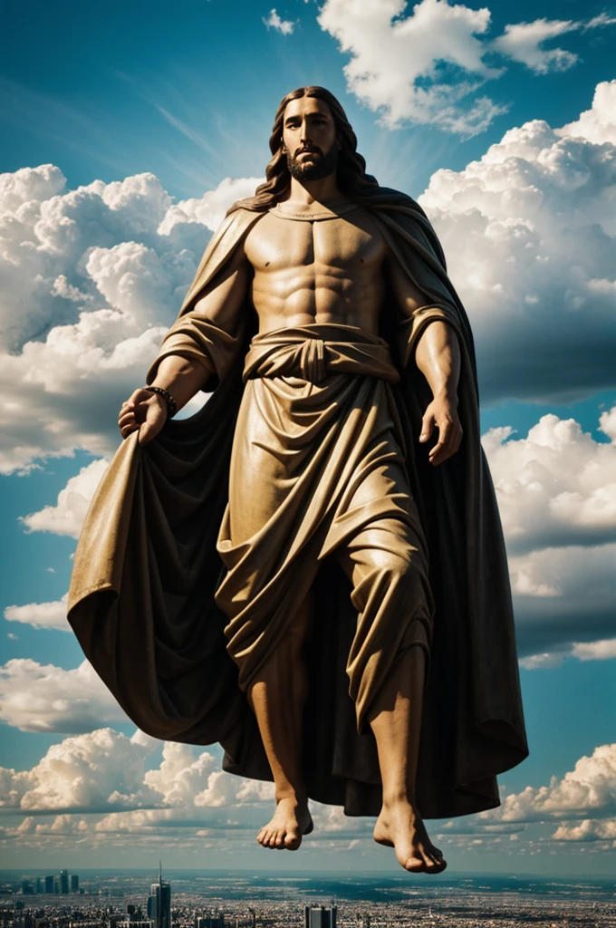 A realistic Greek marble statue of Christ, vividly depicting His selfless sacrifice, detailed with a serene and thoughtful expression, wearing a simple toga, against a neutral background. The intricate texture of the marble, highlighted by the brilliant, natural light, reveals the depth and complexity of His spirit, summoning emotions of awe and reverence. The statue is rendered in hyper-realistic style, capturing every minute detail, from the lifelike folds of the toga to the subtle shadows on the face. The atmosphere is cinematic, with a subdued, mystical ambiance, as if transporting us to the very scene of the crucifixion. This spiritual masterpiece is