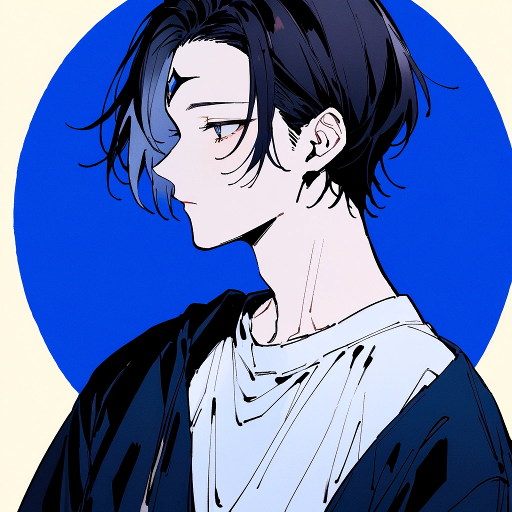 male、Medium black hair、profile、profileの待ち受け、黒髪のCenter part that exposes the forehead・profileのイラストアイコン,Black hair center part、Flat painting - Portrait:30代前半のmaleで、Hair should be parted in the center。 ·atmosphere:It has a stylish atmosphere.、Simple fill、With a bright feeling、Center part that exposes the forehead,Blue background、For SNS icons、T-Shirts、Solid blue background