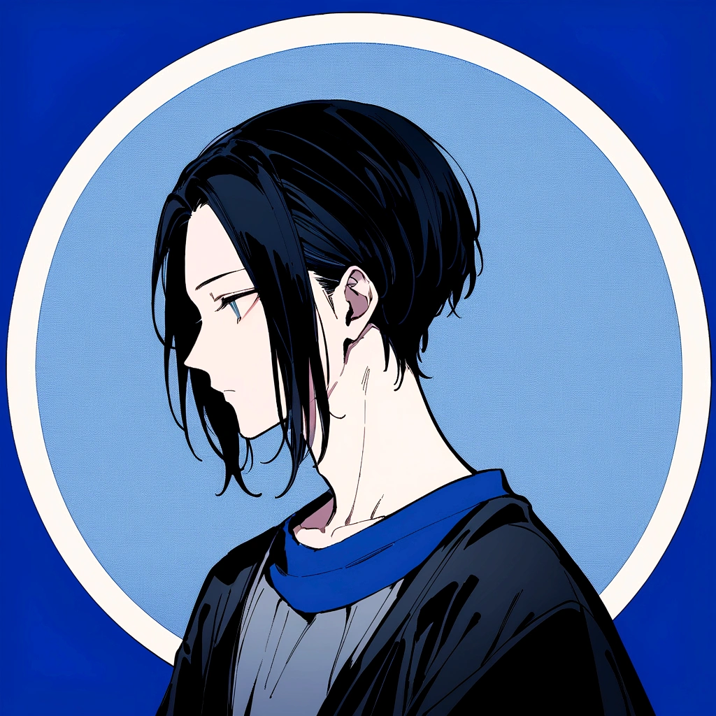 male、Medium black hair、profile、profileの待ち受け、黒髪のCenter part that exposes the forehead・profileのイラストアイコン,Black hair center part、Flat painting - Portrait:30代前半のmaleで、Hair should be parted in the center。 ·atmosphere:It has a stylish atmosphere.、Simple fill、With a bright feeling、Center part that exposes the forehead,Blue background、For SNS icons、T-Shirts、Solid blue background