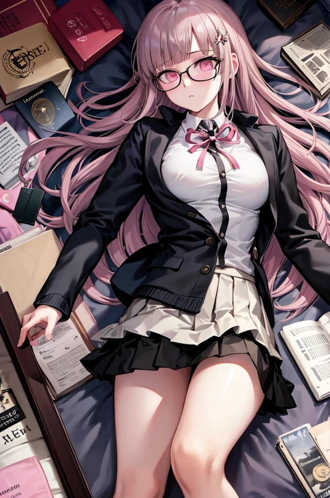 black jacket, open clothes, long sleeves, white skirt, pleated skirt, books lying around, expressionless, bedroom, long hair, cream hair, tall, tights, slim, lying on bed, glasses, hair ornament, pink ribbon