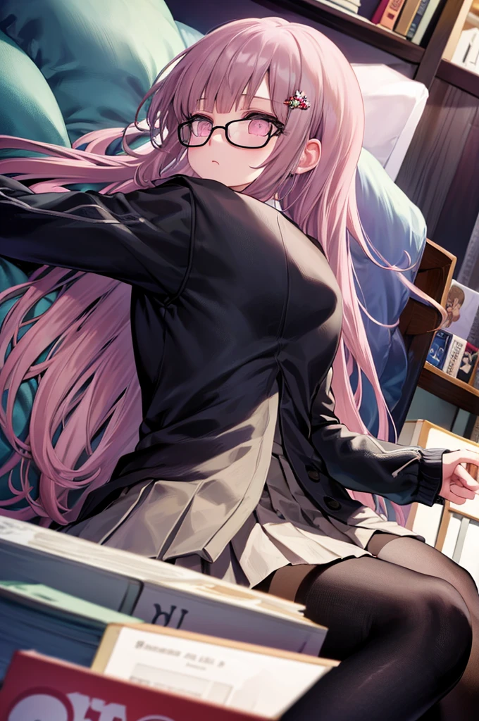 black jacket, open clothes, long sleeves, white skirt, pleated skirt, books lying around, expressionless, bedroom, long hair, cream hair, tall, tights, slim, lying on bed, glasses, hair ornament, pink ribbon