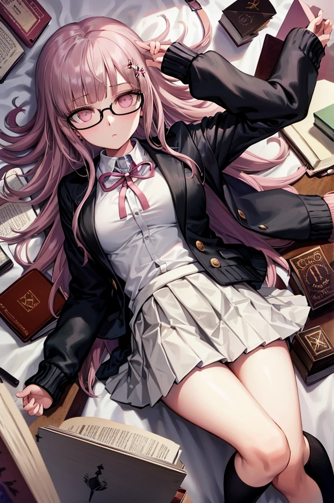 black jacket, open clothes, long sleeves, white skirt, pleated skirt, books lying around, expressionless, bedroom, long hair, cream hair, tall, tights, slim, lying on bed, glasses, hair ornament, pink ribbon