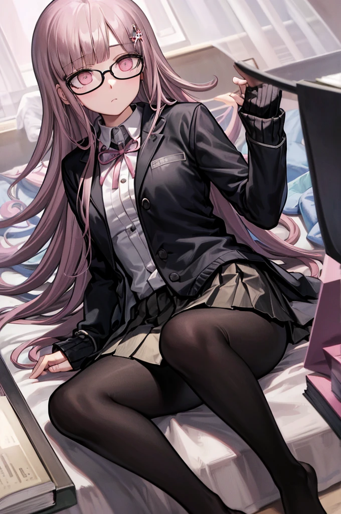 black jacket, open clothes, long sleeves, white skirt, pleated skirt, books lying around, expressionless, bedroom, long hair, cream hair, tall, tights, slim, lying on bed, glasses, hair ornament, pink ribbon