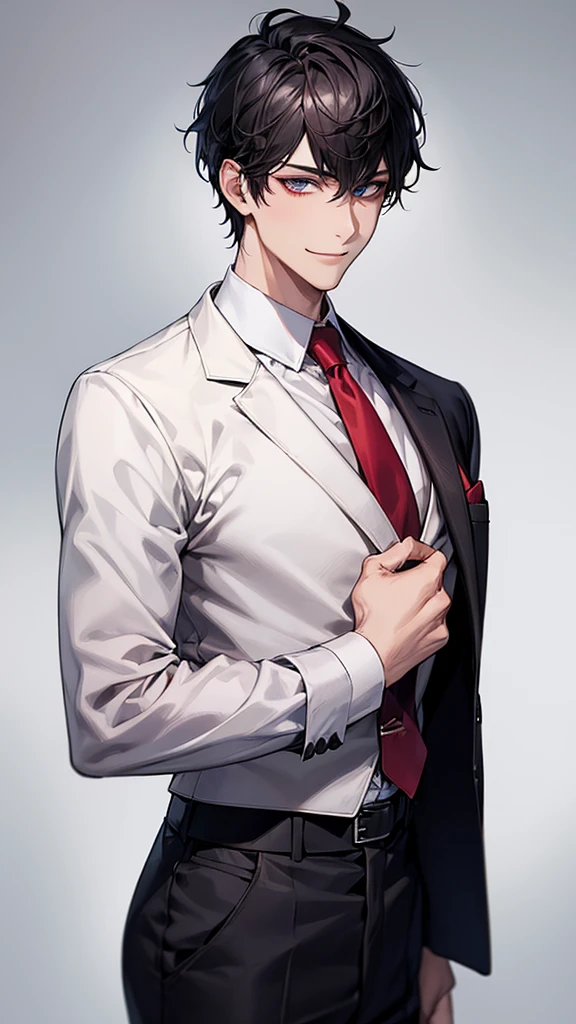 man, face focus, [[[adult]]], business suit, Jacket, white shirt, redtie, pants, frontage, highest quality, adopt, detailed face, simple background、white background、[[[black hair]]]、[[[blackeyes]]]、confident look、Upper body、smile、