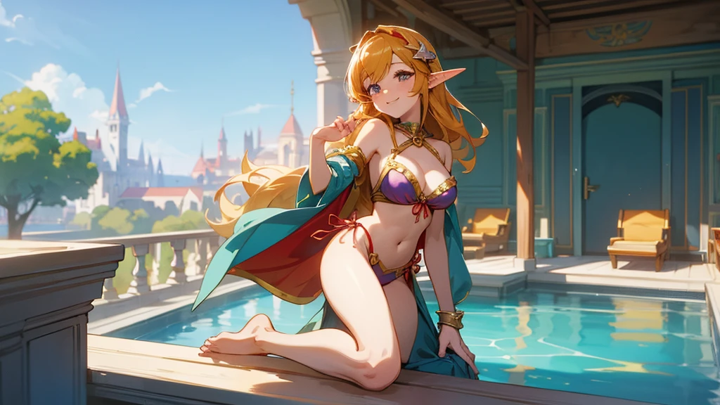 Anime Style,Swimwear,Detailed background,Magical World,A lively balcony with many people,Smiling bard beautiful elf girl,Big cleavage,Healthy thighs,Underarm,Barefoot