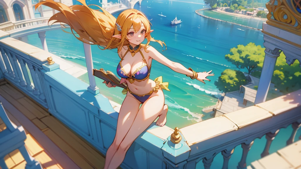 Anime Style,Swimwear,Detailed background,Magical World,A lively balcony with many people,Smiling bard beautiful elf girl,Big cleavage,Healthy thighs,Underarm,Barefoot