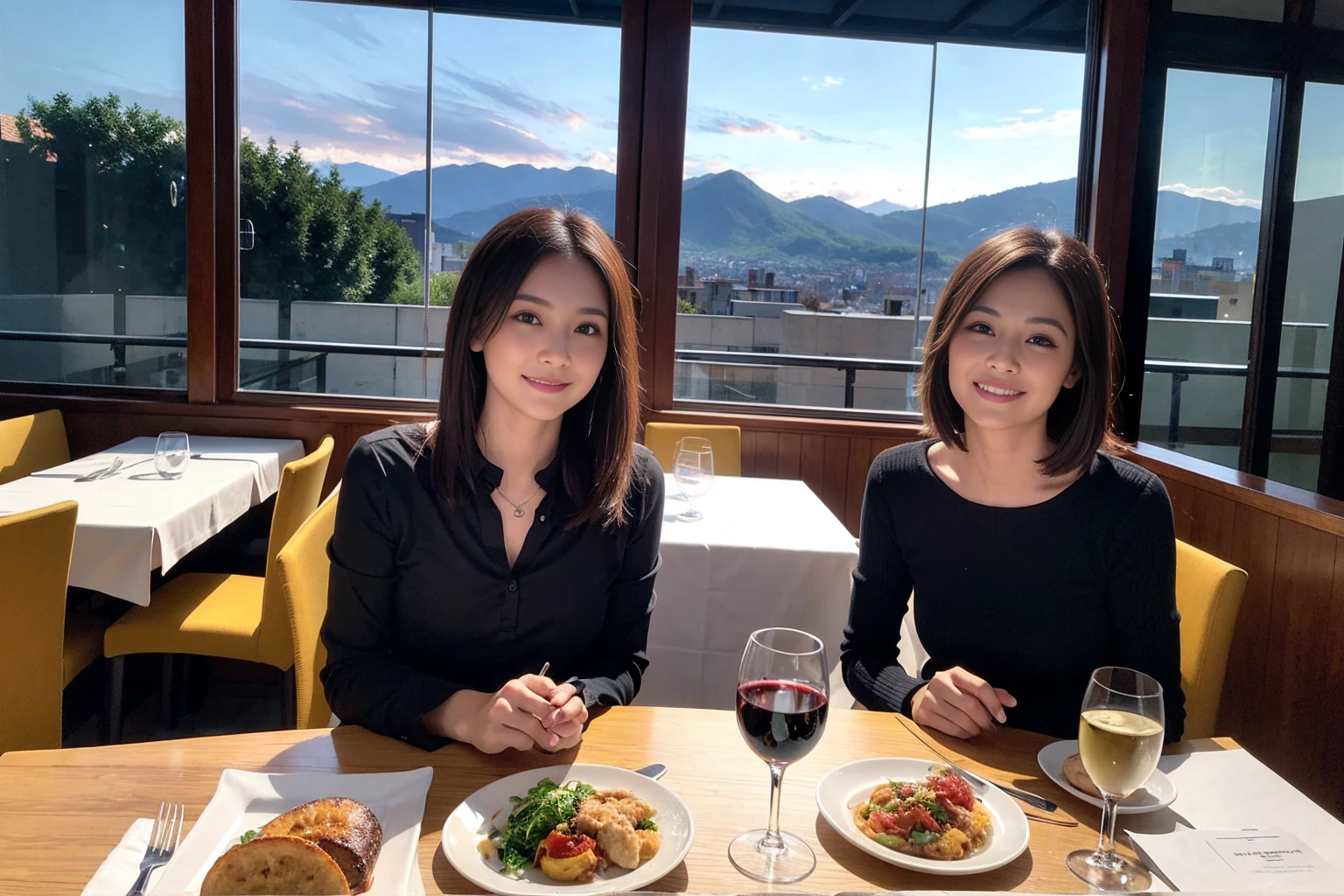 ((Highest quality、8K、masterpiece:1.3))、slimカップル、modelカップル、(Realistic, Intricate details:1.2), full-course dinner、Wine Party、Amazing view of the sunset sky and clouds、A bright smile、The wonderfulness of smile、Bright image、The beauty of wine, Beautiful Face, blue eyes, The light shines on your face, Blushing, short hair,Bright Face、 (Age 37), 39 years old, red wine 、Appetizers、Italian food、Wine bottle、Champagne、sparkling wine、Two beauties、Brown Hair、Shortcuts、Long sleeve shirt、dress、Beautiful woman 1, (slimな顔), (The body is slim), (Brown Hair), (Shortcuts), cheeks turn a little red,Attractive beauty、restaurant, In a prominent place (From the waist up) Nova Frog Style, actress, model, Upper Body, White wine, slim, wine glass, 中央に置かれたwine glass, smile, (smile: 1.15), Beautiful fine grain, Depth f/2,saturation, High Contrast, Strong light and shadow,Moist Body:1.5、3D texture、Delicate eyes、Brown Hair、The hair is very shiny、