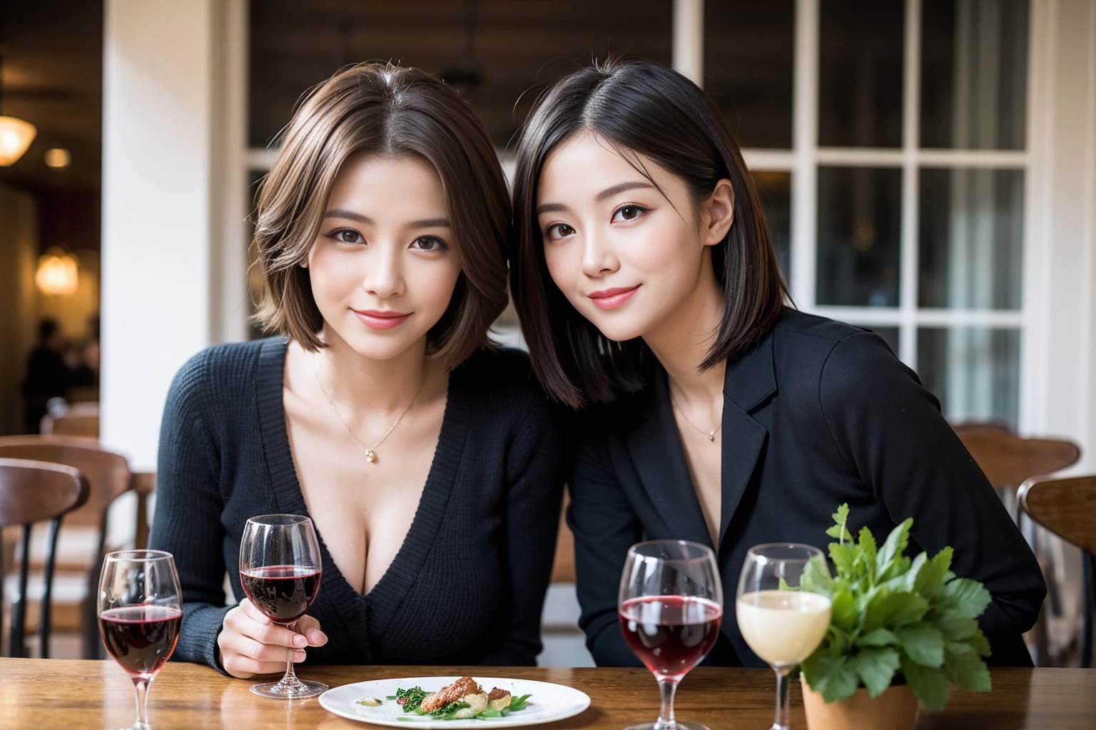 ((Highest quality、8K、masterpiece:1.3))、slimカップル、modelカップル、(Realistic, Intricate details:1.2), full-course dinner、Wine Party、Amazing view of the sunset sky and clouds、A bright smile、The wonderfulness of smile、Bright image、The beauty of wine, Beautiful Face, blue eyes, The light shines on your face, Blushing, short hair,Bright Face、 (Age 37), 39 years old, red wine 、Appetizers、Italian food、Wine bottle、Champagne、sparkling wine、Two beauties、Brown Hair、Shortcuts、Long sleeve shirt、dress、Beautiful woman 1, (slimな顔), (The body is slim), (Brown Hair), (Shortcuts), cheeks turn a little red,Attractive beauty、restaurant, In a prominent place (From the waist up) Nova Frog Style, actress, model, Upper Body, White wine, slim, wine glass, 中央に置かれたwine glass, smile, (smile: 1.15), Beautiful fine grain, Depth f/2,saturation, High Contrast, Strong light and shadow,Moist Body:1.5、3D texture、Delicate eyes、Brown Hair、The hair is very shiny、