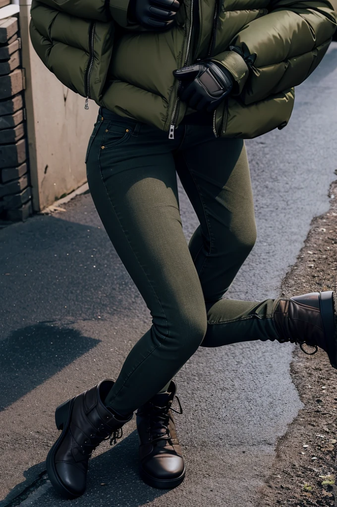 girl, olive green puffer jacket, jeans, black gloves, pee, wet, stain, city