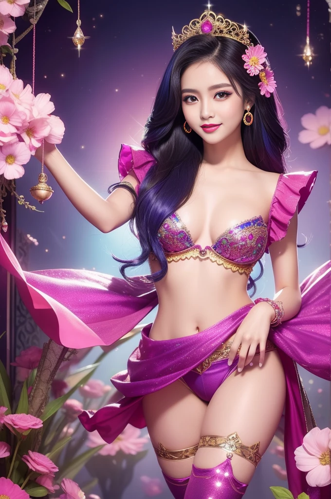 sexy Thai model who controls poison、beautiful smile、lip-gloss、bold lipstick、long lashes、detailed colorful makeup、look at the camera、full body Esbian、、sparkling poisoned flower costume、、、、sparkling Colorful hair、secrete poison、skull hair accessories、sexy tights、shiny sparkling flowers background