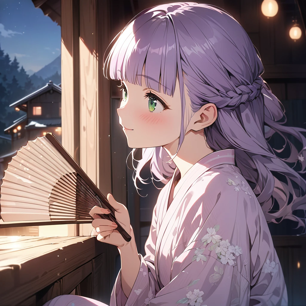 masterpiece, ultra detailed, 8K, a girl, kawaii, light atmosphere, (Cute a tsundere girl:1.5), anime visual, (tilt head:1.3), extremely delicate face, realistic lighting and shading, (an extremely delicate and beautiful art:1.3), a girl,blush,
from side, cowboy shot, pale purple hair, blunt bangs hair, green eyes, In the kitchen of a Taisho-style Western-style house, a woman is wearing a pink japanese yukata,At night, a girl sits on the veranda, holding a fan in one hand, smiling,night lit,