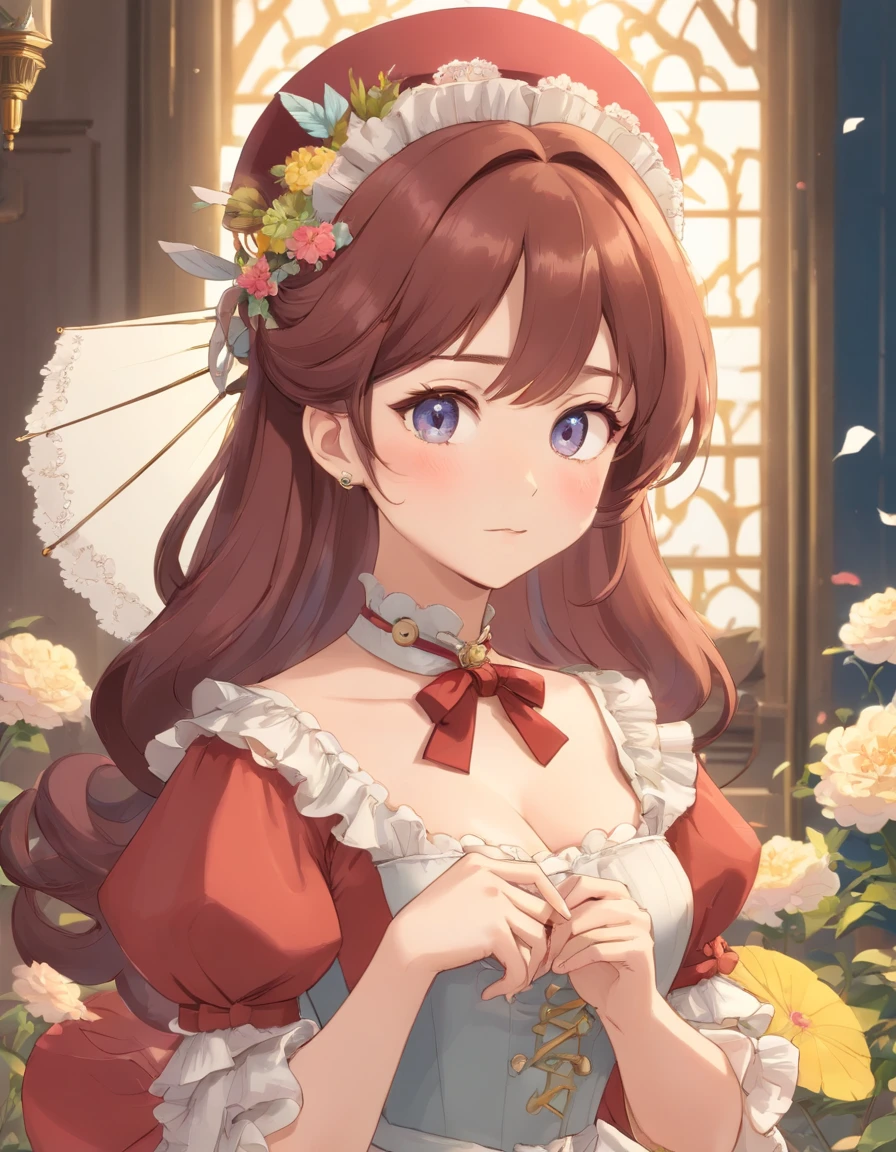 (Masterpiece), (best quality), illustration of Victorian Girl、kawaii girl、aniime、 1. **lo fashion**: Victorian fashion is characterized by dressy and elegant design。Ruffles and laces、corsets、Try incorporating elements such as long dresses。 2. **hairstyle on**: Women's hairstyles in the Victorian era are often complex and delicate。Upstyling and curling、It is also a good idea to add ribbons and floral ornaments to the hair.。 3. **Features**: girl features with soft features、Beautiful、kawaii、intelligent Beatty, Beautiful 5. **accessorized**: Accessories played an important role in the Victorian era。Hats、gloves、umbrellas, etc.、By drawing accessories with attention to detail、You can give your character personality。 Nice dress、florals、Luxurious costumes、PastelColors, (shining brightly), ((dazzling)), (floating a lot of flower petals, ((2d)), ((paper art))、(((glamorous)))、Plump、(((Chubby Mature Woman)))、(((Huge breasts)))、sexy