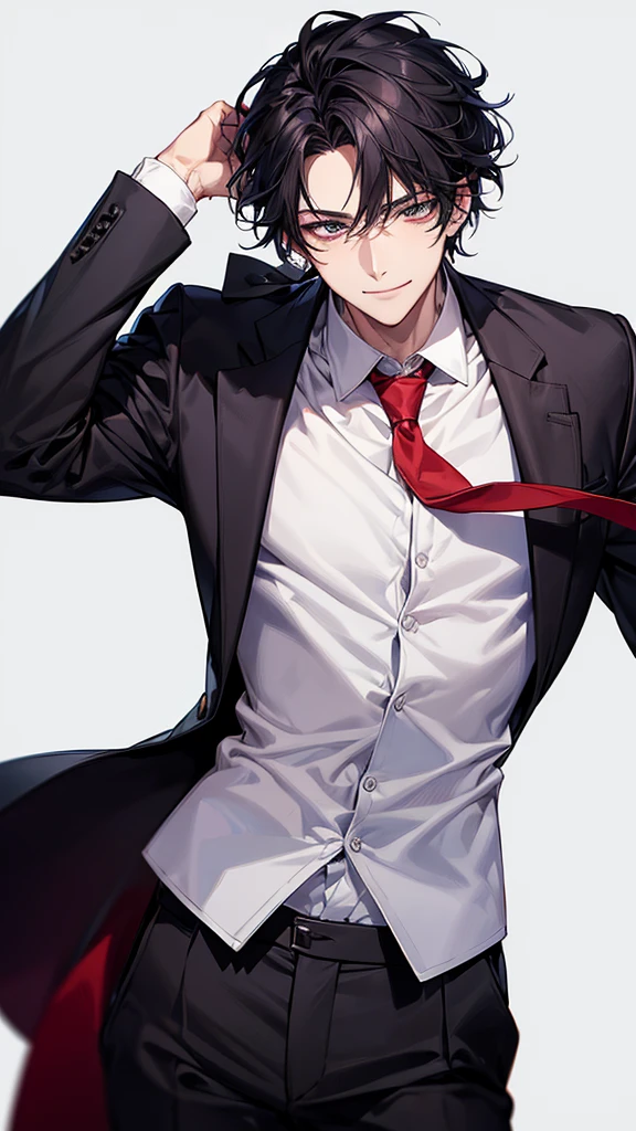 man, face focus, [[[adult]]], business suit, Jacket, white shirt, redtie, pants, frontage, highest quality, adopt, detailed face, simple background、white background、[[[black hair]]]、[[[blackeyes]]]、confident look、Upper body、smile、
