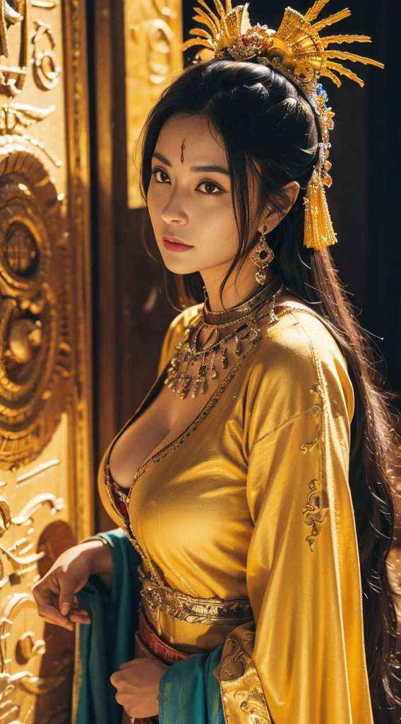 Masterpiece, best quality, 1 woman, alone, ((adult)),(big breasts), long hair,Micro gold,be happy, looking at the audience, Dunhuang Mogao Cave, (background),(precise、perfect appearance:1.3),ultra high definition,Ray tracing,,glare, correct structure,won,Highly detailed,Lighten the contrast of the shadows.,face light ,movie theater lighting,Masterpiece,Awesome details,High quality,Highly detailed, best quality,16K,high contrast,