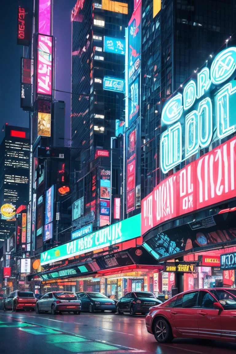 Create a cyberpunk illustration, depicting a futuristic car, which is the epitome of high technology and dystopian atmosphere. The car must have an aggressive and aerodynamic design, covered with neon lights and holographic elements. Its body should reflect the city lights, creating a feeling of movement in the night metropolis. The background should include a dark, rainy city with high-rise buildings, decorated with advertising holograms, neon signs and spotlights. You can see aircraft and monorails in the distance, emphasizing the futuristic setting. The illustration must be done in rich colors, with a predominance of dark shades and bright neon accents, characteristic of the cyberpunk genre.