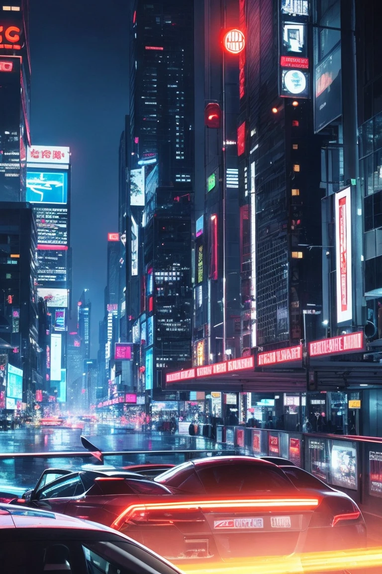 Create a cyberpunk illustration, depicting a futuristic car, which is the epitome of high technology and dystopian atmosphere. The car must have an aggressive and aerodynamic design, covered with neon lights and holographic elements. Its body should reflect the city lights, creating a feeling of movement in the night metropolis. The background should include a dark, rainy city with high-rise buildings, decorated with advertising holograms, neon signs and spotlights. You can see aircraft and monorails in the distance, emphasizing the futuristic setting. The illustration must be done in rich colors, with a predominance of dark shades and bright neon accents, characteristic of the cyberpunk genre.