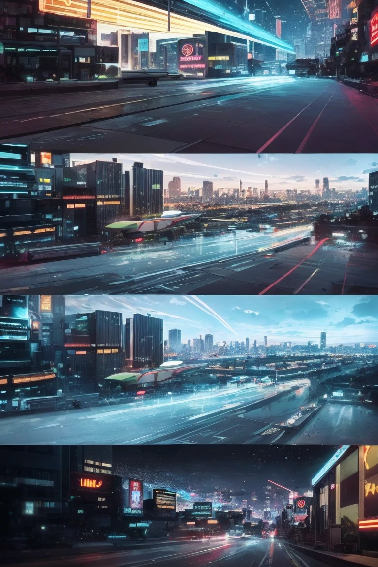 Create a cyberpunk illustration, depicting a futuristic car, which is the epitome of high technology and dystopian atmosphere. The car must have an aggressive and aerodynamic design, covered with neon lights and holographic elements. Its body should reflect the city lights, creating a feeling of movement in the night metropolis. The background should include a dark, rainy city with high-rise buildings, decorated with advertising holograms, neon signs and spotlights. You can see aircraft and monorails in the distance, emphasizing the futuristic setting. The illustration must be done in rich colors, with a predominance of dark shades and bright neon accents, characteristic of the cyberpunk genre.