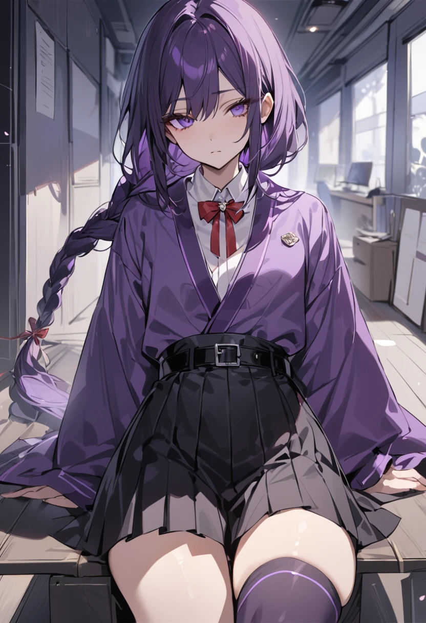 masterpiece, best quality, young woman, dark purple hair, very long single braid, bright purple eyes, white collared shirt, furisode sleeves, thin red bow tie with a diamond-shaped pin on the front of the bow under the collar, black high-waisted pleated skirt, dark purple high socks, long sand-colored robe with uncinched belt, black ankle boots, emotionless, calm, expressionless, office