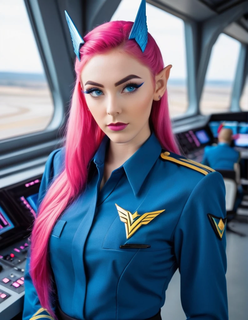very attractive 25 year old vulcan girl with long bright pink hair, photo of a vulcan woman, pointed ears, pointed eyebrows, eye shadow, shirt. wearing (blue stsnwunf uniform:1.4), starship bridge. .