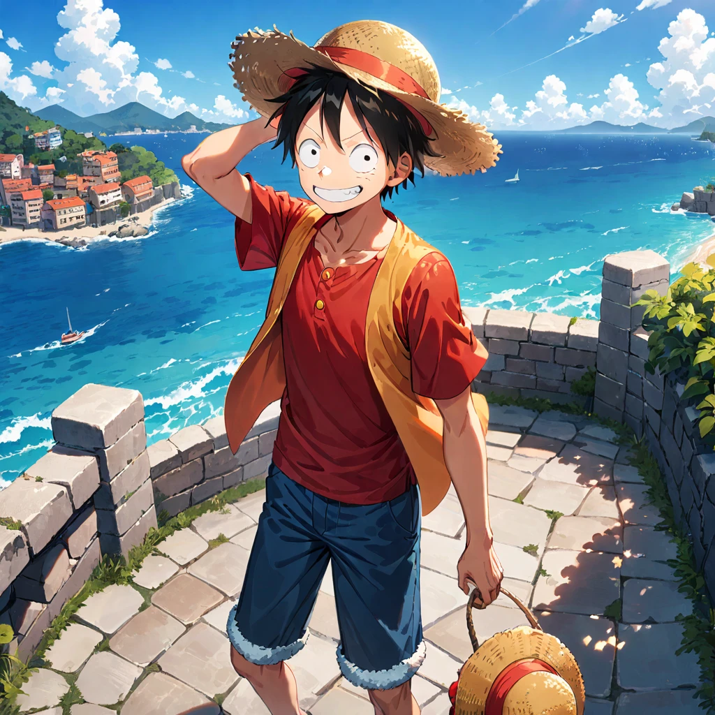 1boy, hat, straw hat, monkey d. luffy, male focus, solo, sky, cloud, outdoors, black hair, day, red shirt, shirt, ocean, blue sky, scenery, cityscape, short sleeves, ((medium quality)), ((medium quality))