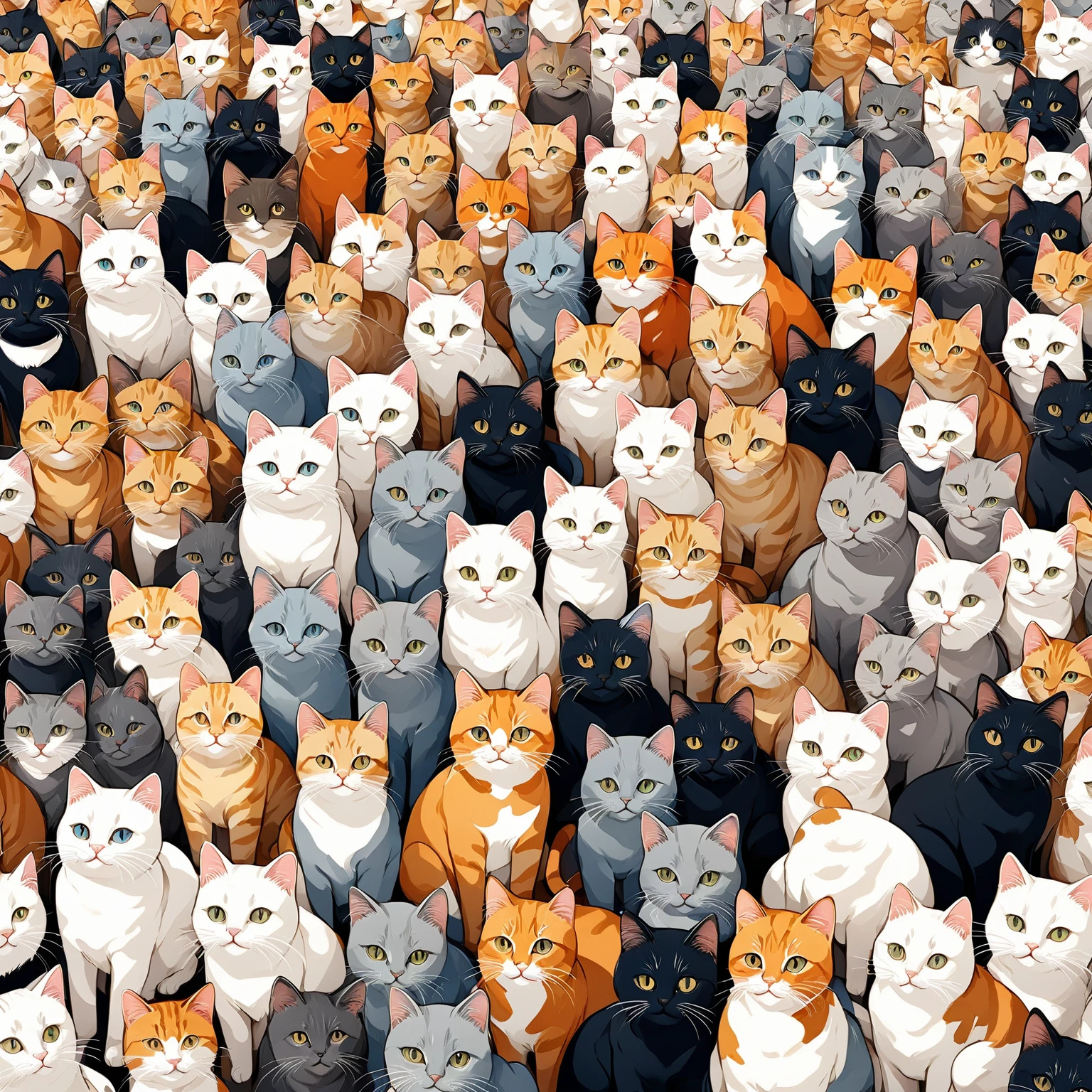 ultra-detailed illustration of 100 cats, masterpiece, best quality, beautiful illustration, very aesthetic art