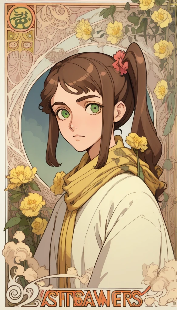 Art Nouveau Style, poster in a theater, (art by wes anderson), 2d, masterpiece, best quality, アニメ, highly detailed eyes, highly detailed face, highly detailed background, perfect lighting, 1girl, 独奏，Brown side ponytail，Green eyes，scarf，Open flowing windbreaker，Small yellow flower，perfect white skin