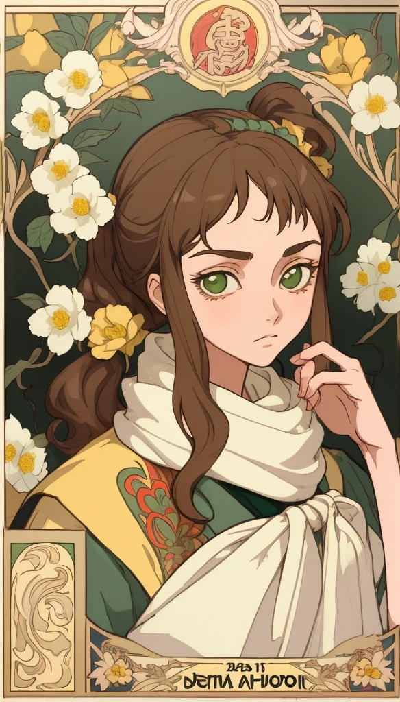 Art Nouveau Style, poster in a theater, (art by wes anderson), 2d, masterpiece, best quality, アニメ, highly detailed eyes, highly detailed face, highly detailed background, perfect lighting, 1girl, 独奏，Brown side ponytail，Green eyes，scarf，Open flowing windbreaker，Small yellow flower，perfect white skin