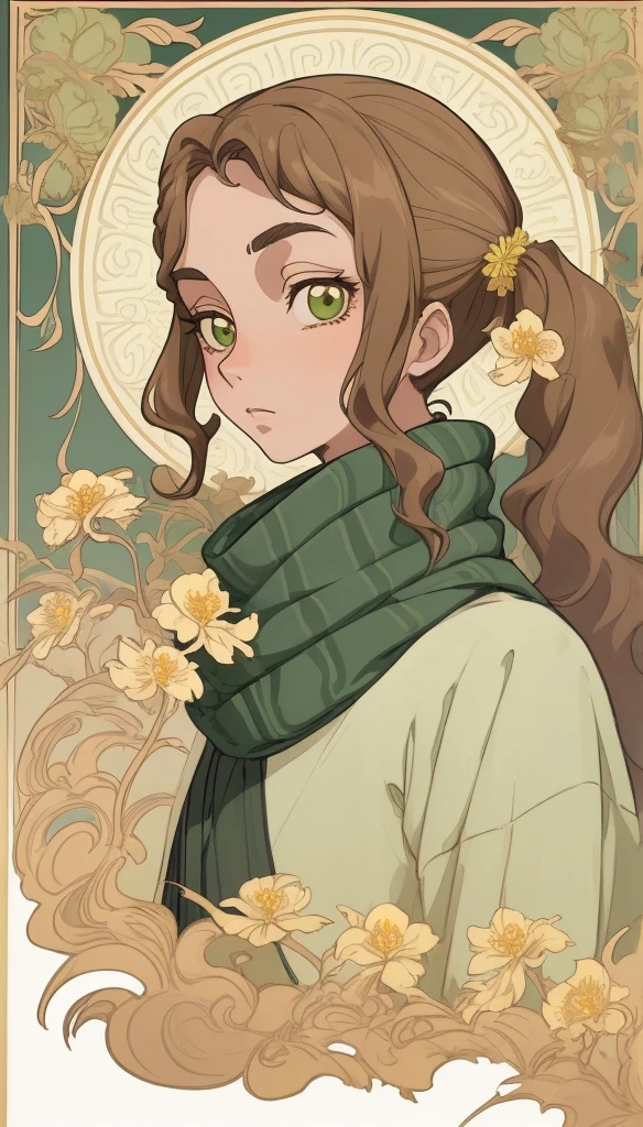 Art Nouveau Style, poster in a theater, (art by wes anderson), 2d, masterpiece, best quality, アニメ, highly detailed eyes, highly detailed face, highly detailed background, perfect lighting, 1girl, 独奏，Brown side ponytail，Green eyes，scarf，Open flowing windbreaker，Small yellow flower，perfect white skin