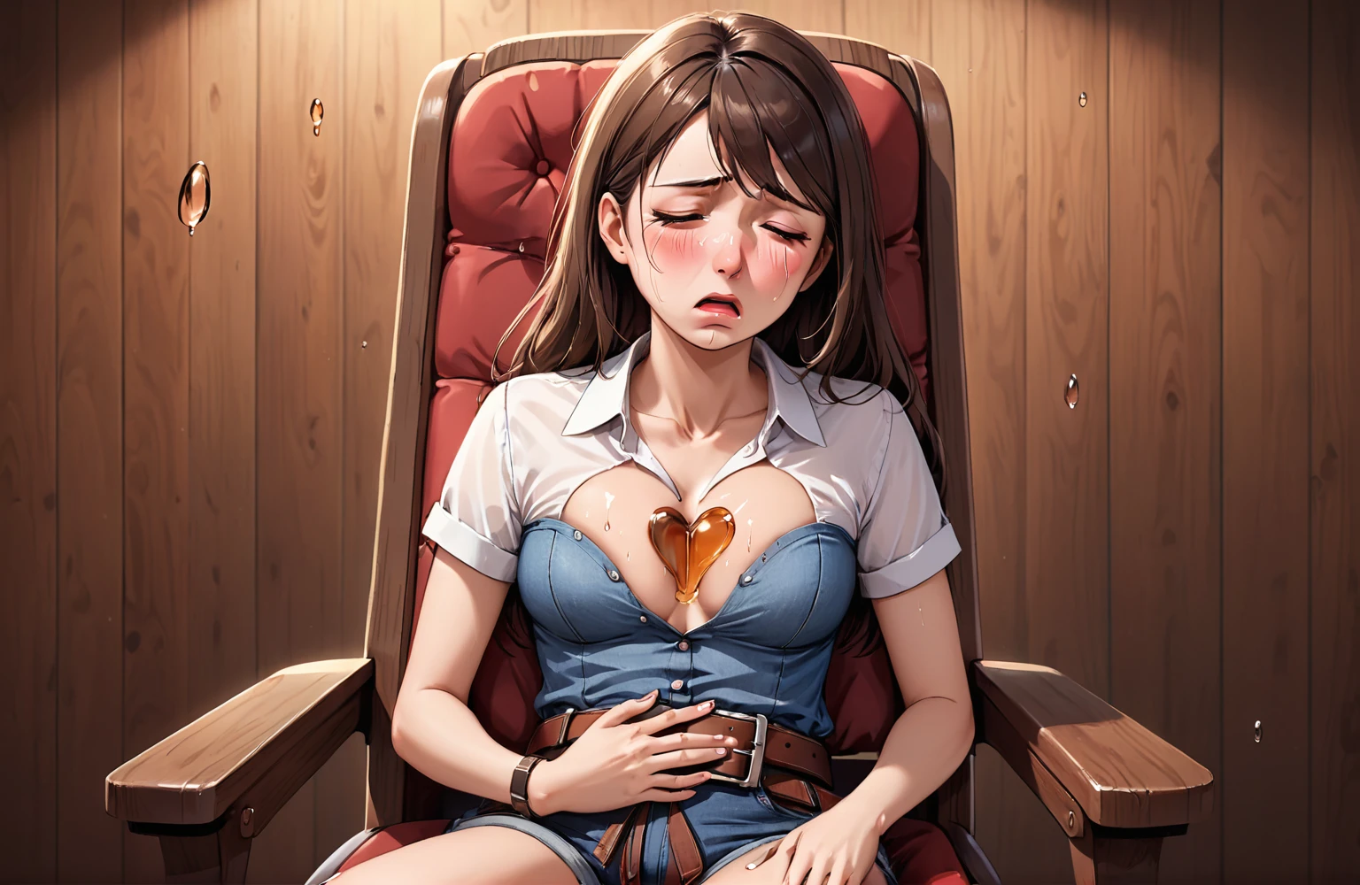 (((1 person:2.5))),(((NSFW:0.5))),(((Wear denim hot pants:1.5))),(((Wear a short-sleeved collared shirt:1.5))),(((Wear a gun belt with a holster:1.8))),((Wear a watch on your wrist:1.5))),(((Showing cleavage))),(((Exposed thin inner thighs))),(((Small breasts:1.5))),(((Navel exposed:1.5))),(((Bare arms))),(((Wear western boots:1.5))),((Blushed:1.8)), Beautiful detailed girl, Very detailed目と顔, 緻密でBeautiful Eyes, Very detailed, High resolution, Highest quality, masterpiece, Very detailed, 8k wallpaper, wonderful, finely, Highest quality,(Standing in front of a wooden wall),Beautiful Eyes,((Engage your audience:1.5)),((Cowboy Shot:1.5))),((Front shot:1.2)),((Drinking whiskey:1.4)),(((Drunk:1.8))),(((Sit on a chair:1.2))),(((Crying face:0.8))),(((Touch your chest with your left hand:1.5)))