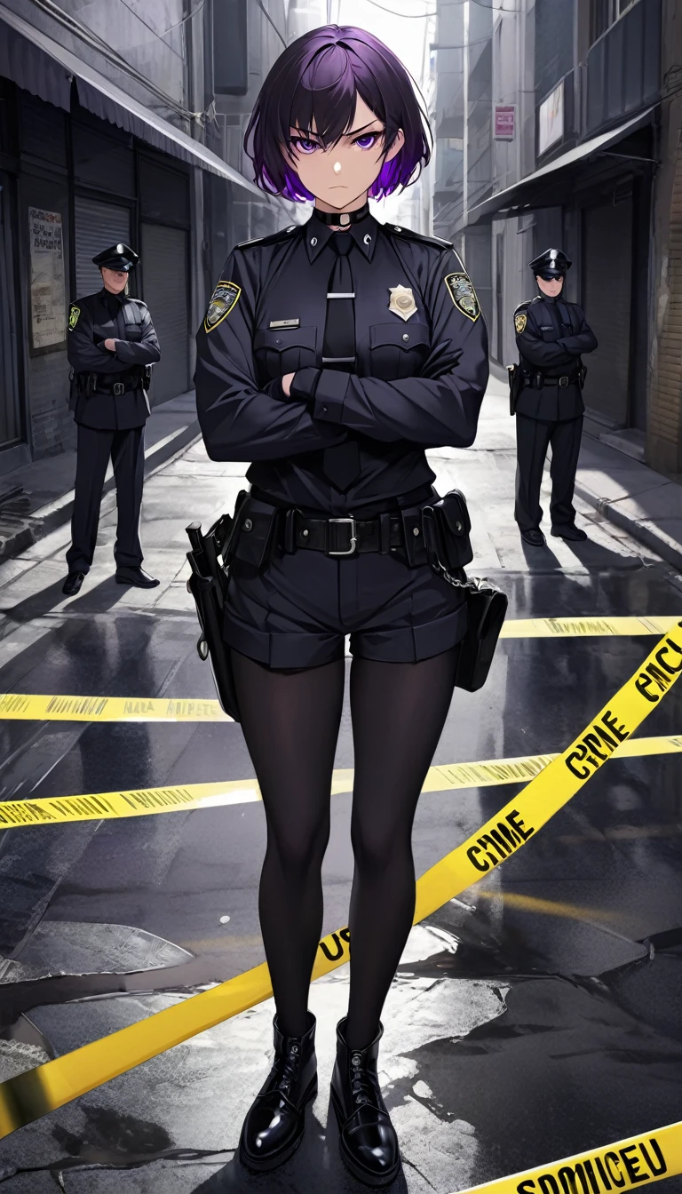 High-resolution anime digital art, Masterpiece, upper body, tomboy, mature, sexy, smart, short hair color pitch black, real detail eyes pupil purple, Wear Black Cops Uniforms, black chokers, Wear Black Gloves, Crossed Arms, Serious face, Crime Scene, Full Body, Alone.