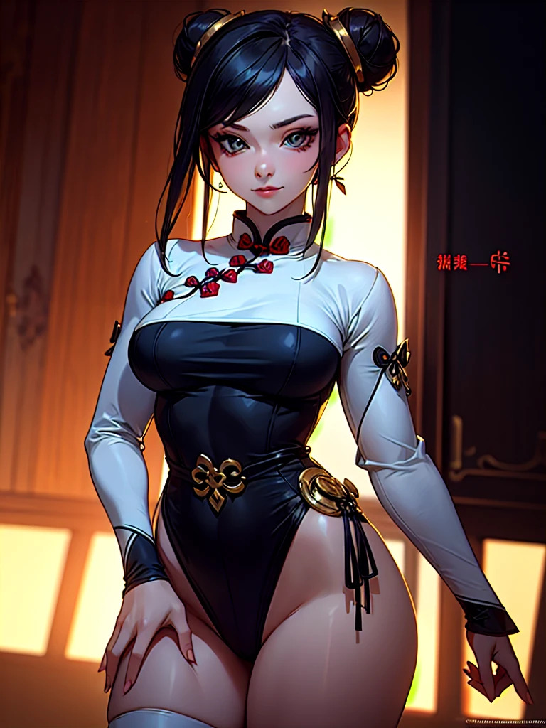 ((Portrait)), She has a Strong and Captivating Appearance, with Youthful Charm, Pale Skin and an Athletic Build. She Expresses a Proud and Smug Look, Giving Off a Self-Confident Attitude. She has Light Eyes, and Her Hair is Black and Semi-Long, Styled in Two High Buns with Golden Ribbons. She Wears a Modified Traditional Chinese Qipao in Black and White, with Long Flared Sleeves, and a Waist-High Slit, Emphasizing Her Thick Thighs and Revealing Her Panties. ((Portrait, HDR, Dark Background))