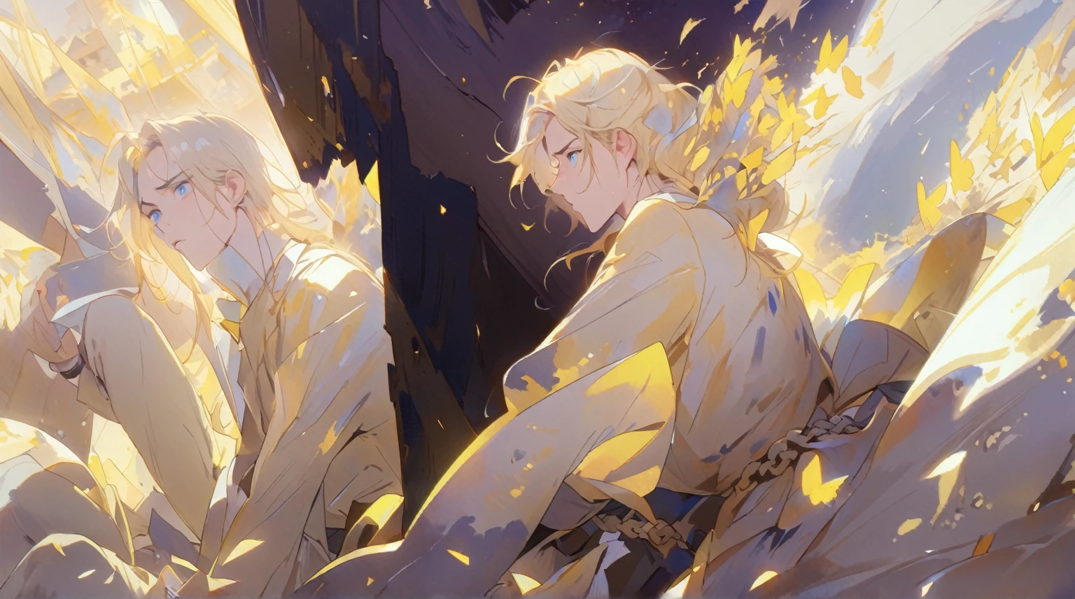 ((8k, masterpiece, high quality)) magazine poster, 1boy, young boy, young male, solo, blonde hair, light yellow hair, shoulder length hair, blue eyes, expressive eyes, sad expression, white plain shirt, white pants, no shoes, sitting in dungeon room, forearms on knees, wrist and ankle shackles, gray room, monotone room, 3/4 from up view, 3/4 from up angle, watercolor painting, highly detailed, digital photography, artistic germ, Greg Rutkowski's Surrealist Paintings of Golden Butterflies, shattered glass, manga style, manhwa style