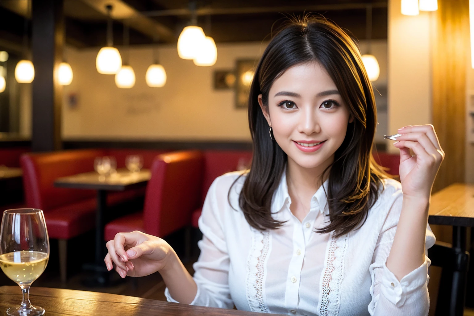 ((Highest quality、8K、masterpiece:1.3))、slimカップル、modelカップル、(Realistic, Intricate details:1.2), full-course dinner、Wine Party、Amazing view of the sunset sky and clouds、A bright smile、The wonderfulness of smile、Bright image、The beauty of wine, Beautiful Face, blue eyes, The light shines on your face, Blushing, short hair,Bright Face、 (Age 31), Age 34, red wine 、Appetizers、Italian food、Wine bottle、Champagne、sparkling wine、Two beauties、Brown Hair、Shortcuts、Long sleeve shirt、dress、Beautiful woman 1, (slimな顔), (The body is slim), (Brown Hair), (Shortcuts), cheeks turn a little red,Attractive beauty、restaurant, In a prominent place (From the waist up) Nova Frog Style, actress, model, Upper Body, White wine, slim, wine glass, 中央に置かれたwine glass, smile, (smile: 1.15), Beautiful fine grain, Depth f/2,saturation, High Contrast, Strong light and shadow,Moist Body:1.5、3D texture、Delicate eyes、Brown Hair、The hair is very shiny、