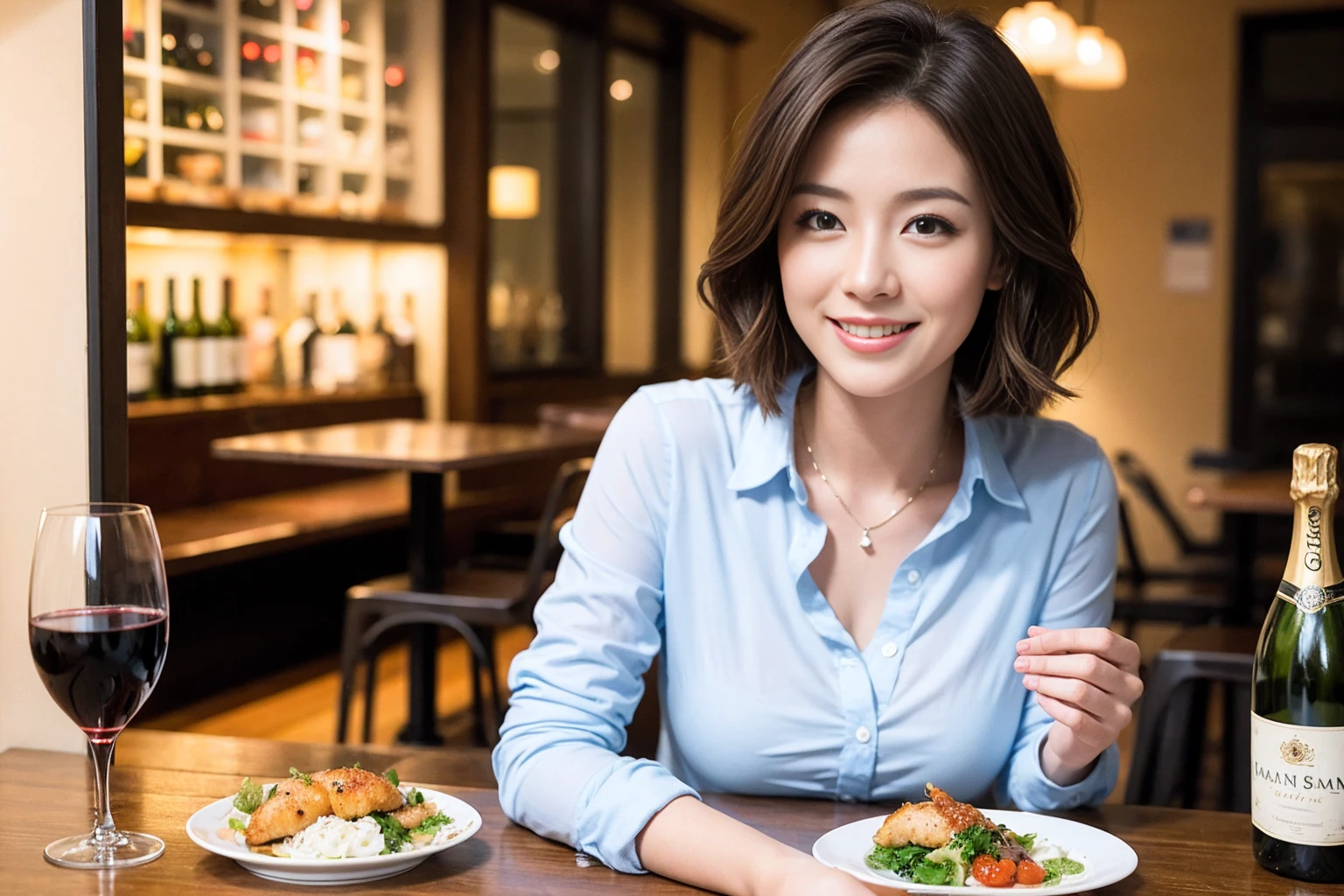 ((Highest quality、8K、masterpiece:1.3))、slimカップル、modelカップル、(Realistic, Intricate details:1.2), full-course dinner、Wine Party、Amazing view of the sunset sky and clouds、A bright smile、The wonderfulness of smile、Bright image、The beauty of wine, Beautiful Face, blue eyes, The light shines on your face, Blushing, short hair,Bright Face、 (Age 31), Age 34, red wine 、Appetizers、Italian food、Wine bottle、Champagne、sparkling wine、Two beauties、Brown Hair、Shortcuts、Long sleeve shirt、dress、Beautiful woman 1, (slimな顔), (The body is slim), (Brown Hair), (Shortcuts), cheeks turn a little red,Attractive beauty、restaurant, In a prominent place (From the waist up) Nova Frog Style, actress, model, Upper Body, White wine, slim, wine glass, 中央に置かれたwine glass, smile, (smile: 1.15), Beautiful fine grain, Depth f/2,saturation, High Contrast, Strong light and shadow,Moist Body:1.5、3D texture、Delicate eyes、Brown Hair、The hair is very shiny、