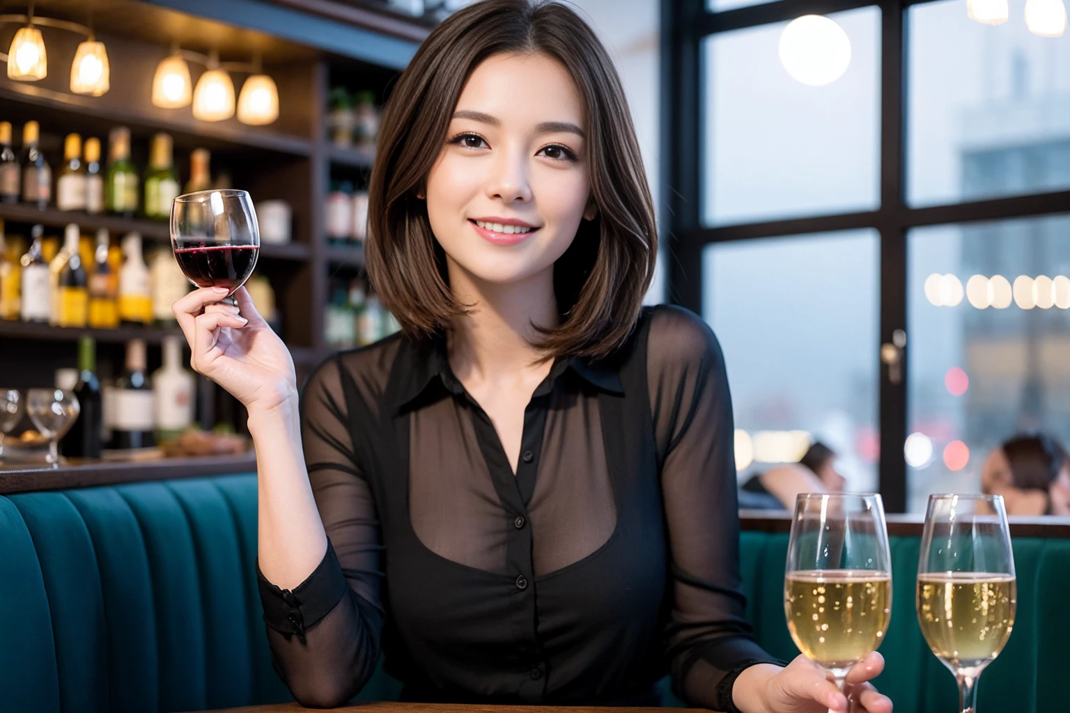 ((Highest quality、8K、masterpiece:1.3))、slimカップル、modelカップル、(Realistic, Intricate details:1.2), full-course dinner、Wine Party、Amazing view of the sunset sky and clouds、A bright smile、The wonderfulness of smile、Bright image、The beauty of wine, Beautiful Face, blue eyes, The light shines on your face, Blushing, short hair,Bright Face、 (Age 31), Age 34, red wine 、Appetizers、Italian food、Wine bottle、Champagne、sparkling wine、Two beauties、Brown Hair、Shortcuts、Long sleeve shirt、dress、Beautiful woman 1, (slimな顔), (The body is slim), (Brown Hair), (Shortcuts), cheeks turn a little red,Attractive beauty、restaurant, In a prominent place (From the waist up) Nova Frog Style, actress, model, Upper Body, White wine, slim, wine glass, 中央に置かれたwine glass, smile, (smile: 1.15), Beautiful fine grain, Depth f/2,saturation, High Contrast, Strong light and shadow,Moist Body:1.5、3D texture、Delicate eyes、Brown Hair、The hair is very shiny、