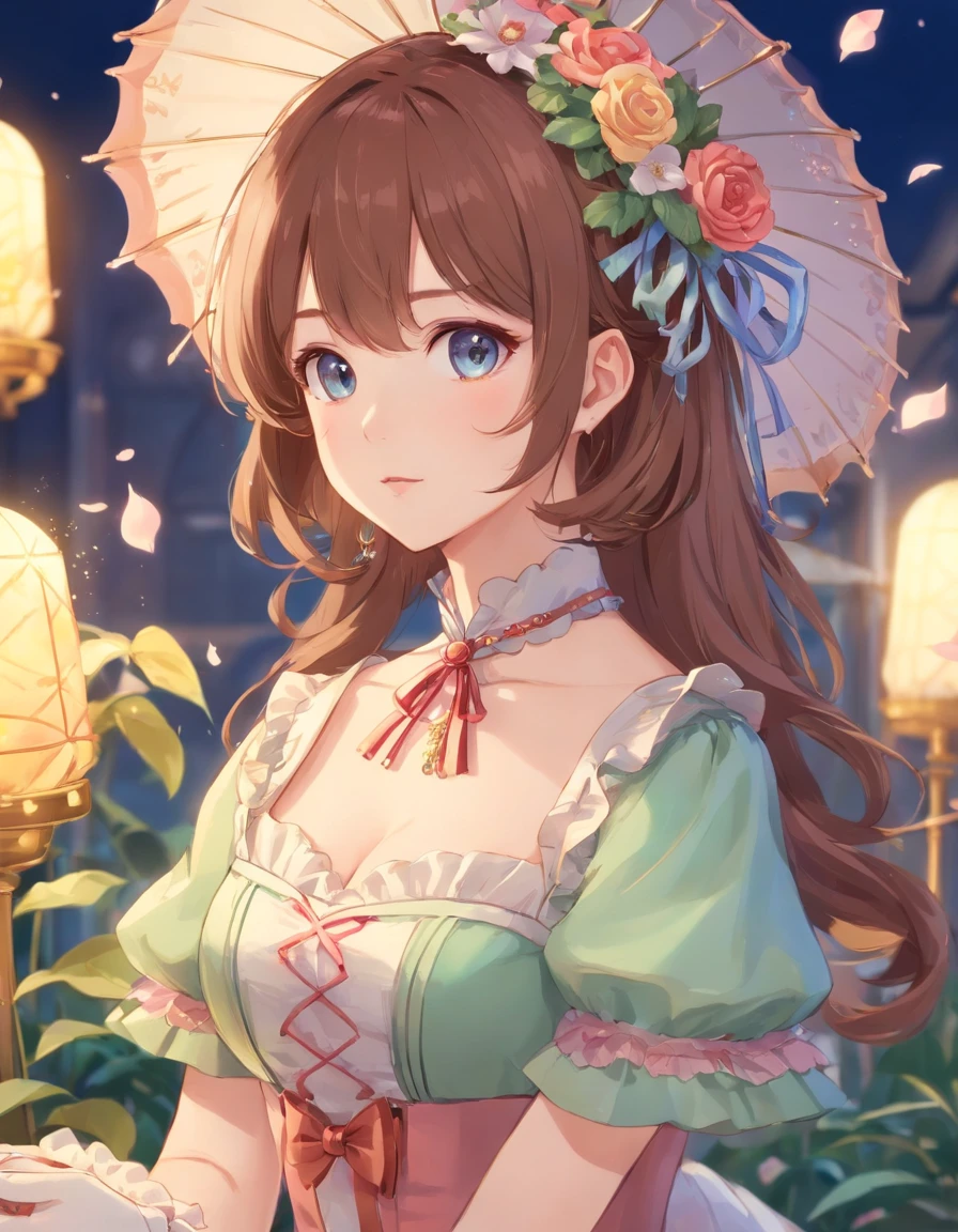 (Masterpiece), (best quality), illustration of Victorian Girl、kawaii girl、aniime、 1. **lo fashion**: Victorian fashion is characterized by dressy and elegant design。Ruffles and laces、corsets、Try incorporating elements such as long dresses。 2. **hairstyle on**: Women's hairstyles in the Victorian era are often complex and delicate。Upstyling and curling、It is also a good idea to add ribbons and floral ornaments to the hair.。 3. **Features**: girl features with soft features、Beautiful、kawaii、intelligent Beatty, Beautiful 5. **accessorized**: Accessories played an important role in the Victorian era。Hats、gloves、umbrellas, etc.、By drawing accessories with attention to detail、You can give your character personality。 Nice dress、florals、Luxurious costumes、PastelColors, (shining brightly), ((dazzling)), (floating a lot of flower petals, ((2d)), ((paper art))、(((glamorous)))、Plump、(((Chubby Mature Woman)))、(((Huge breasts)))、sexy
