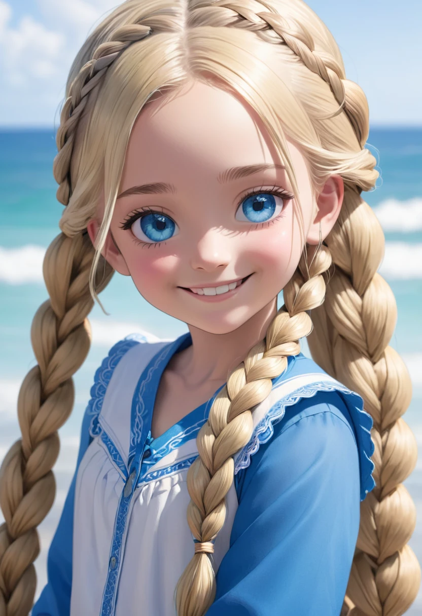 1girl 10 yo,latina,(long hair, braids),(smiling),(blonde hair,detailed hair),(blue eyes,detailed eyes),(uncovered)