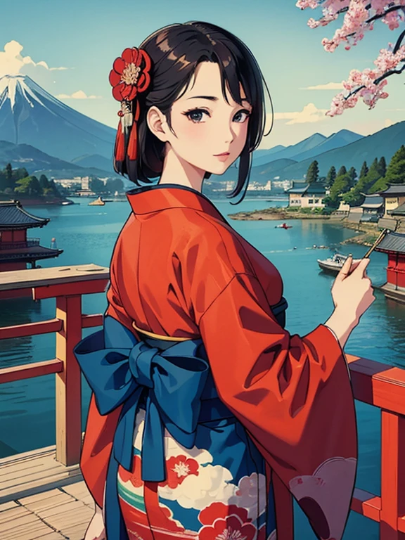 (Highest quality、masterpiece、High resolution、8K)、Vibrant colors、Ukiyo-e、Utamaro、Kimono Beauty、river、Mount Fuji in the distance、Japanese Landscape、A big red torii gate is visible.、Official Art、