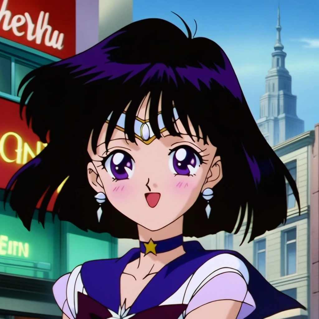 masterpiece, best quality, very aesthetic, absurdres, Sailor Saturn XL, 1990s \(style\), anime artwork, anime style, perfect face, perfect composition, moist skin, intricate details, beautiful detailed eyes, bright colors, BREAK 1girl, solo, , short hair, black hair, purple eyes, flat chest, skinny, sailor senshi uniform, (purple sailor collar:1.1), tiara, earrings, jewelry, star choker, star brooch, maroon bowtie, shiny clothes, BREAK smile, blush, open mouth, (model pose:1.2), outdoors, city, wind, upper body,