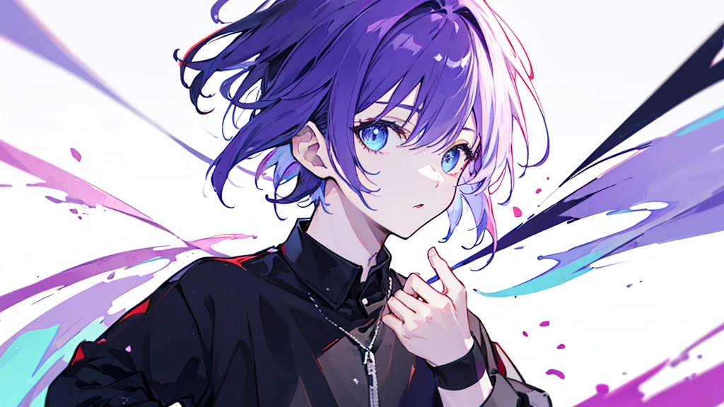 ((Highest quality)), ((masterpiece)), ((1 person)),Perfect Face、male、Purple hair color、Light blue eyes、Very short hair、vocal、pale colour、whole body、Black Shirt、Put your hands in your pockets
