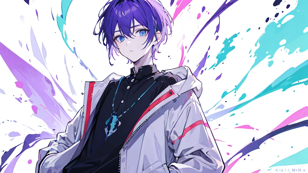 ((Highest quality)), ((masterpiece)), ((1 person)),Perfect Face、male、Purple hair color、Light blue eyes、Very short hair、vocal、pale colour、whole body、Black Shirt、Put your hands in your pockets