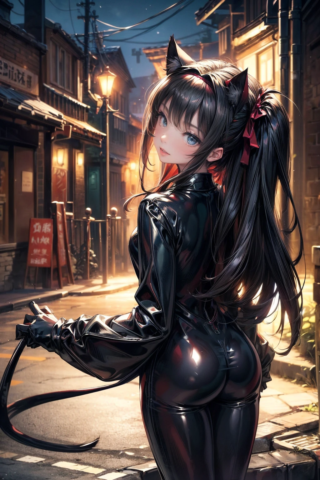 NSFW、One Girl、(20-year-old woman)、Cat ears headband、Cat tail、Black Patent Leather Playsuit、High leg suit、Ultra-thin suit、Cat Pose、Black cat、Back alley at night、Green Eyes、Beautiful eyes、Laugh with fangs out、Faces aiming for prey、Looking from above