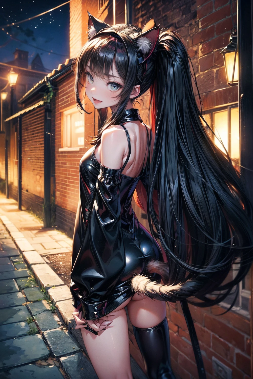 NSFW、One Girl、(20-year-old woman)、Cat ears headband、Shiny tail、Black enamel high leg suit、Ultra-thin suit、Skin is transparent、Cat Pose、Black cat、City、Back alley at night、Green Eyes、Beautiful eyes、Laugh with fangs out、Faces aiming for prey、Looking from above