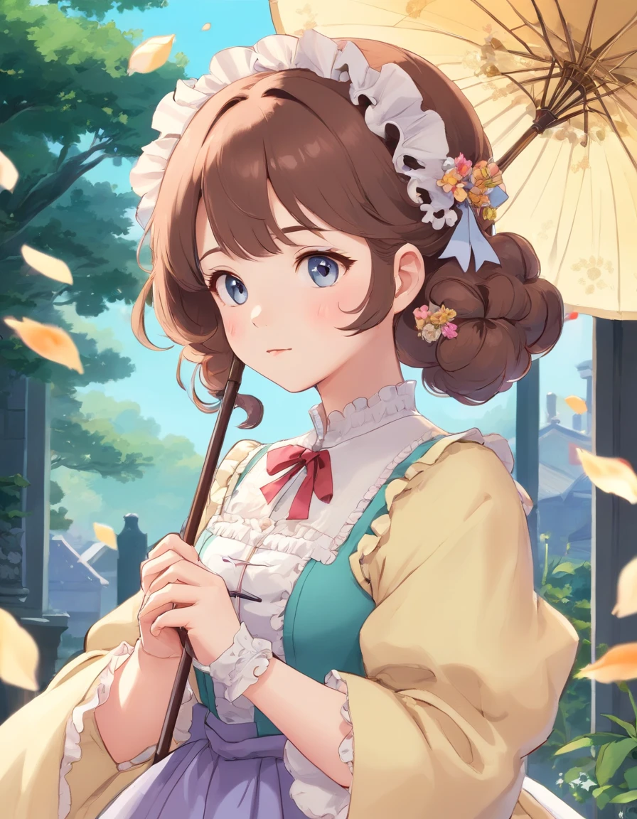(Masterpiece), (best quality), illustration of Victorian Girl、kawaii girl、aniime、 1. **lo fashion**: Victorian fashion is characterized by dressy and elegant design。Ruffles and laces、corsets、Try incorporating elements such as long dresses。 2. **hairstyle on**: Women's hairstyles in the Victorian era are often complex and delicate。Upstyling and curling、It is also a good idea to add ribbons and floral ornaments to the hair.。 3. **Features**: girl features with soft features、Beautiful、kawaii、intelligent Beatty, Beautiful 5. **accessorized**: Accessories played an important role in the Victorian era。Hats、gloves、umbrellas, etc.、By drawing accessories with attention to detail、You can give your character personality。 Nice dress、florals、Luxurious costumes、PastelColors, (shining brightly), ((dazzling)), (floating a lot of flower petals, ((2d)), ((paper art))、(((glamorous)))、Plump、(((Chubby Mature Woman)))、(((Huge breasts)))、sexy